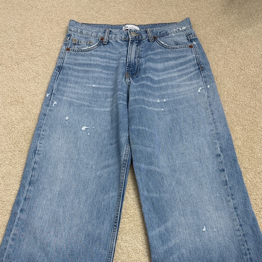 Zara Wide Straight Jeans Size 2 Fringed Hem - Picture 7 of 14